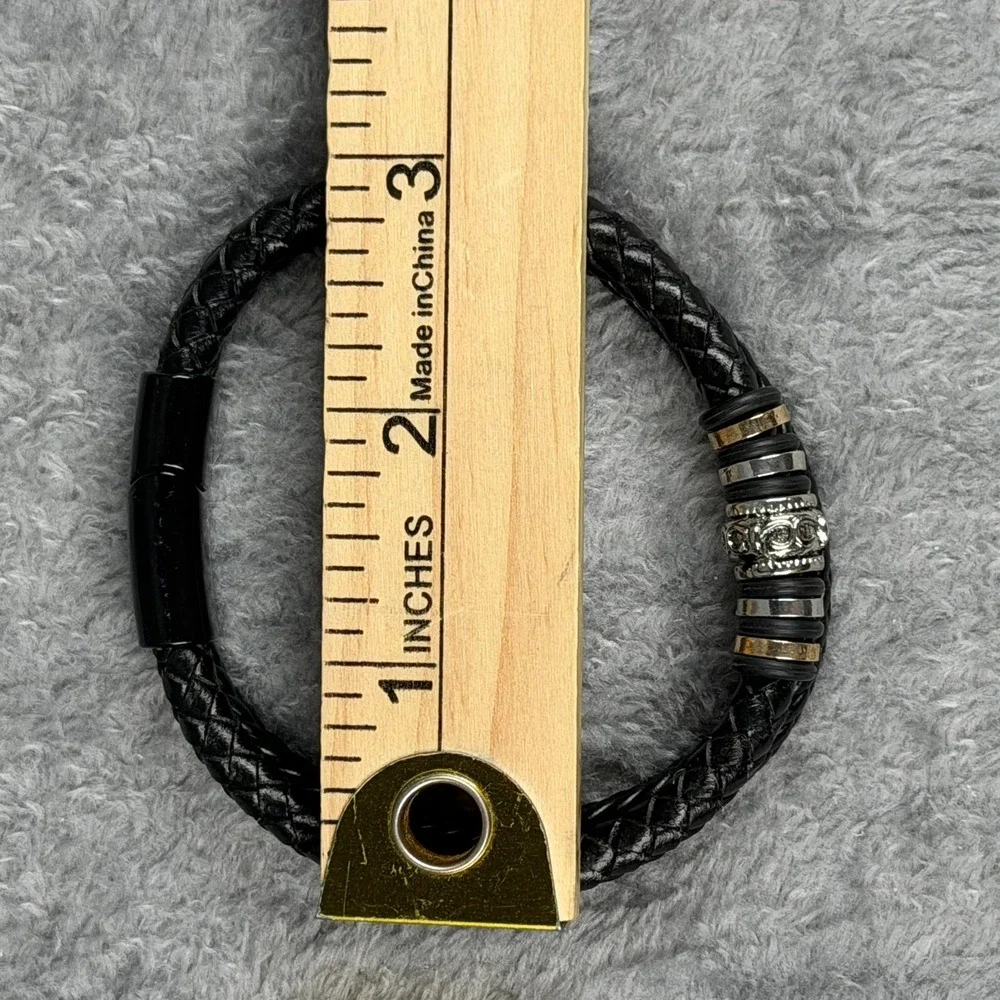 Mens Braided Black‎ Leather Bracelet Love You Forever Magnetic Clasp Two Tone